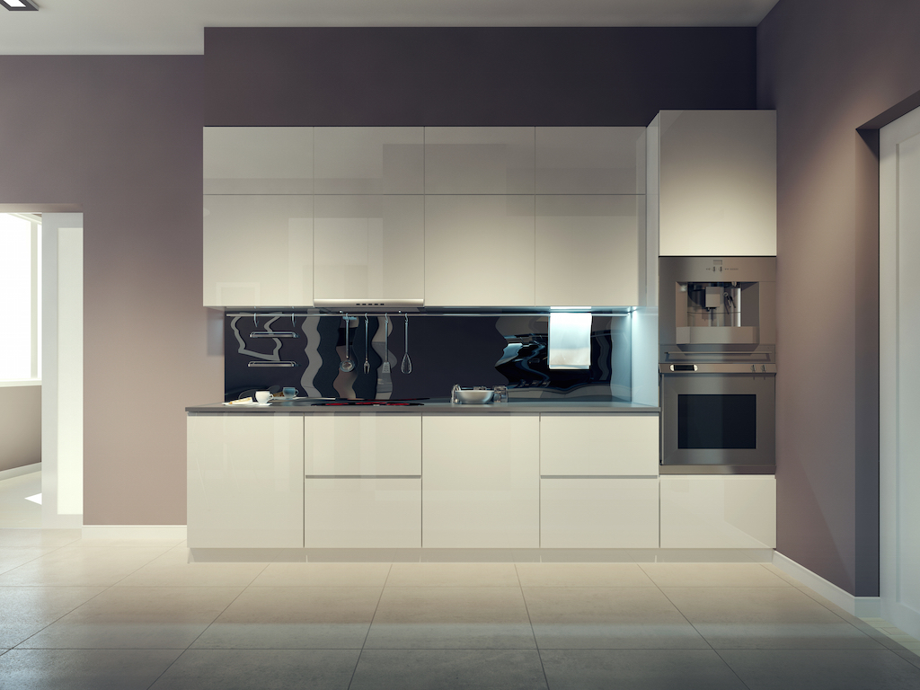 现代厨房设计，白色厨房家具。三维渲染