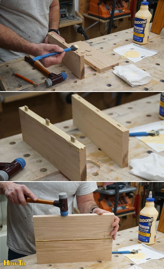 一个人在两块木头上加胶水，制作单台阶凳的顶部